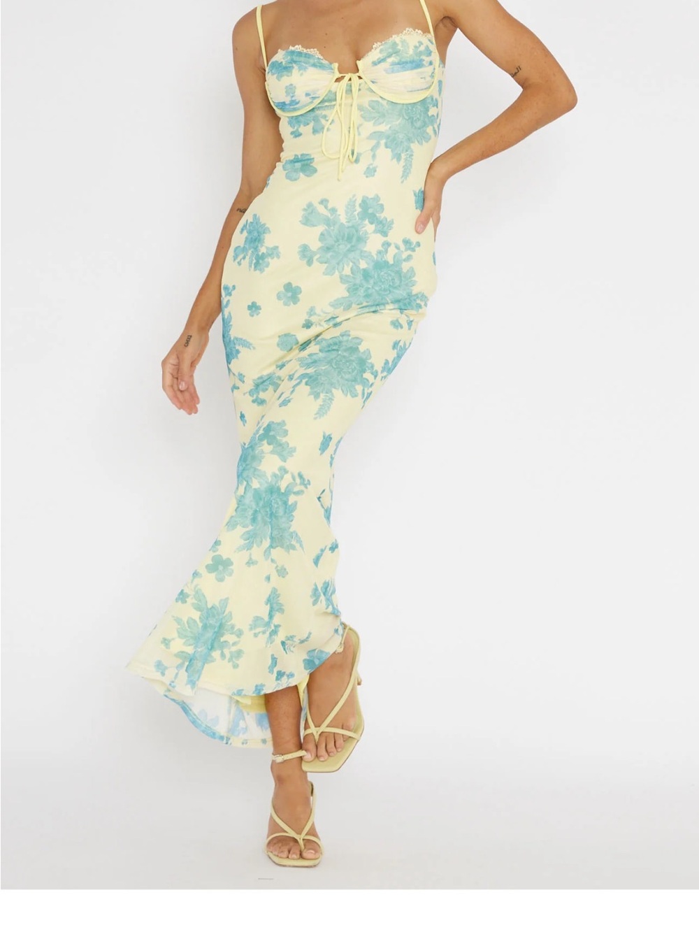 Yellow Floral Maxi Dress with Blue Print